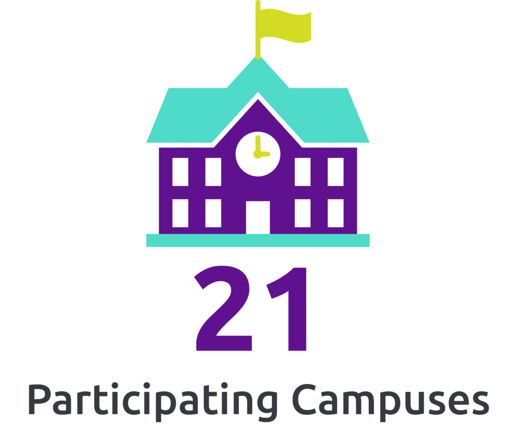 Icon of a school building representing 21 participating CSU campuses