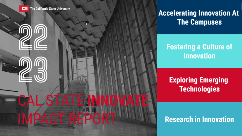 Screenshot of the homepage from the Cal State Innovate annual report with the four pillars of Cal State Innovate. 