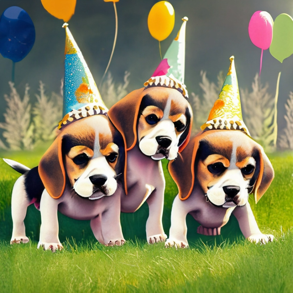 Three beagle puppies wearing birthday hats